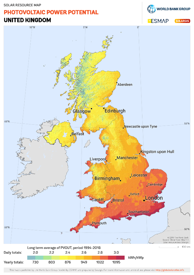 Predicted solar PV output around the UK, which is influenced by both latitude and local climate/ cloud cover (credit: Global Solar Atlas).