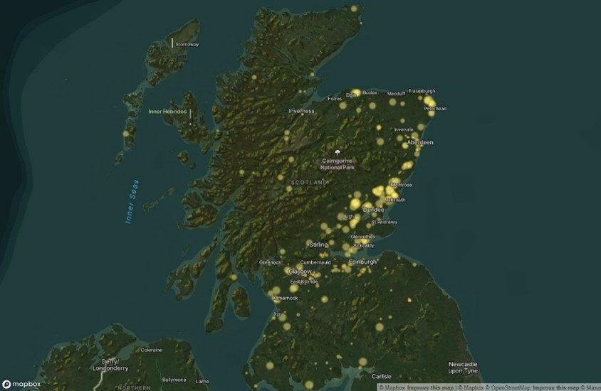 The distribution of solar farms across Scotland’s geography. The shape of distribution of these solar farms in Scotland suggests flat sunny land - which likely also makes these areas the best agricultural land and would pose a competition for agricultural use. (credit: Olsights).