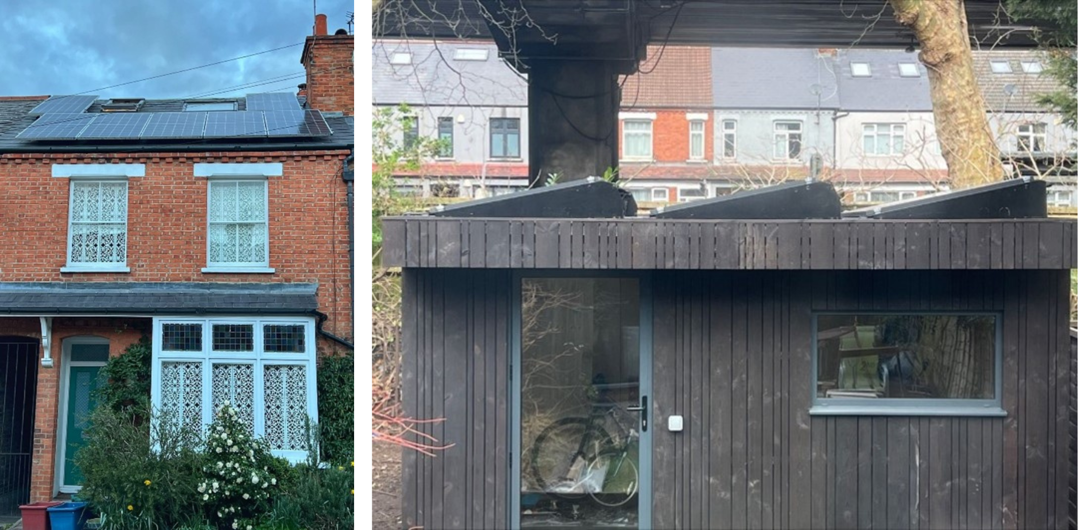 A typical mid-terraced house in West London with solar PV fitted, showing how standard solar panels can be fitted to face the sun and work around constraints. Also solar panels on a shed roof (credit: Olsights).