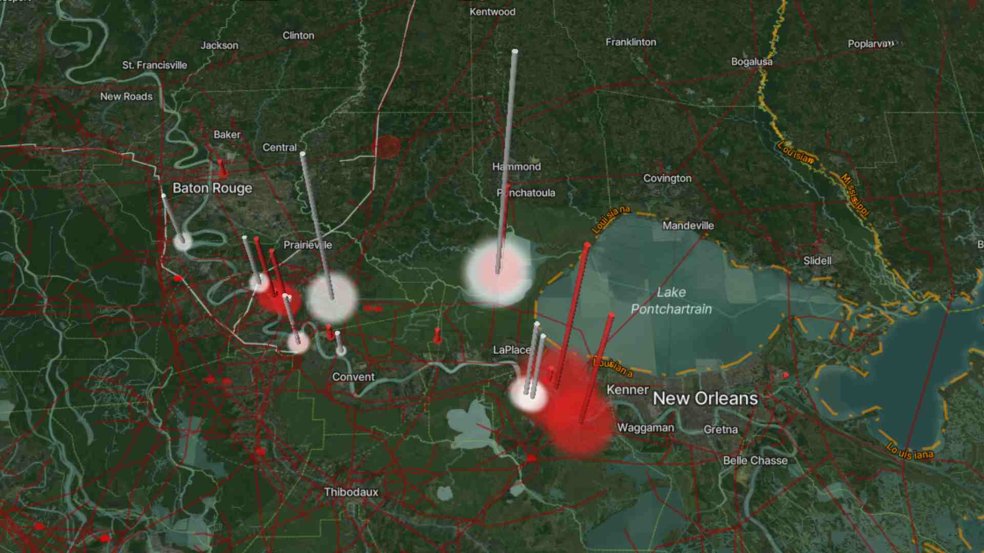 A screenshot taken from the Olsights Eye showing  Carbon Capture Facilities and Blue Hydrogen production in Louisiana USA