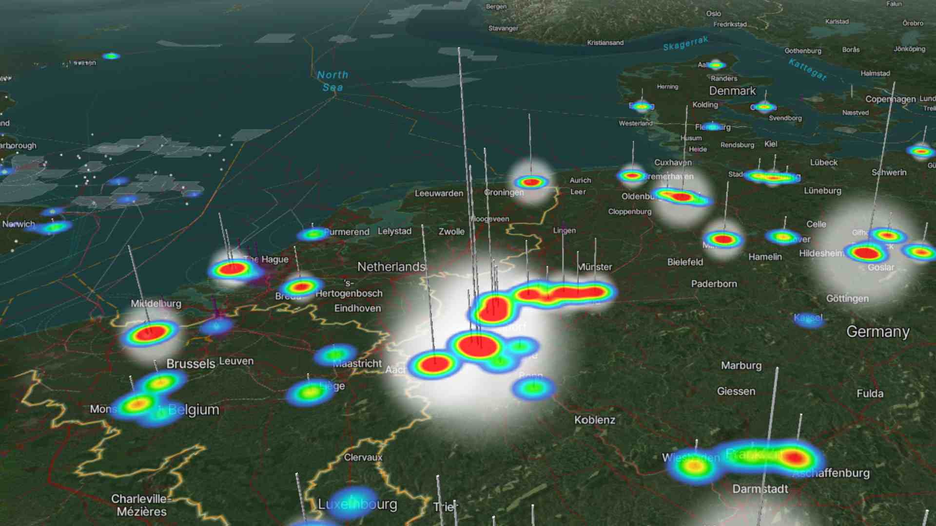 A Screenshot from the Olsights Eye showing Carbon Dioxide, CO2, Industrial Cluster Emissions in Northern Europe