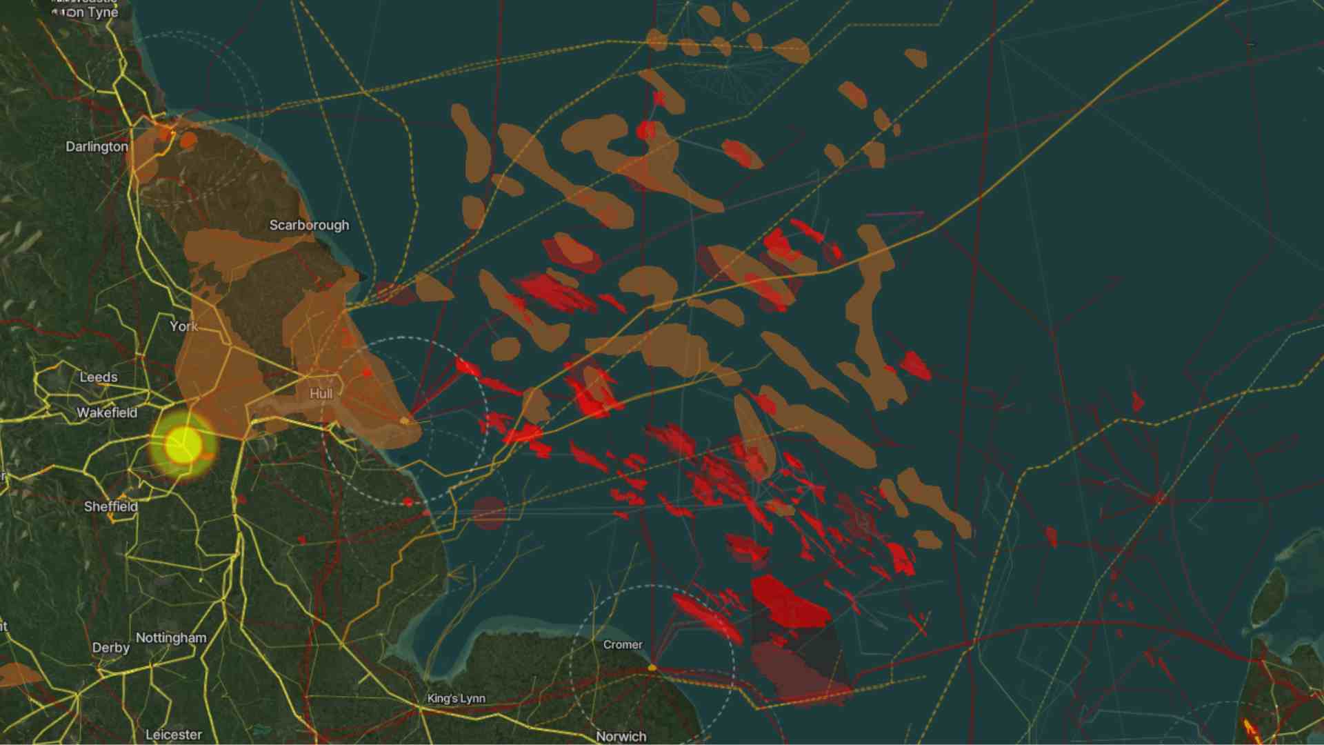 A screenshot taken from the Olsights Eye showing Energy Storage locations in the central north sea and North Eastern England