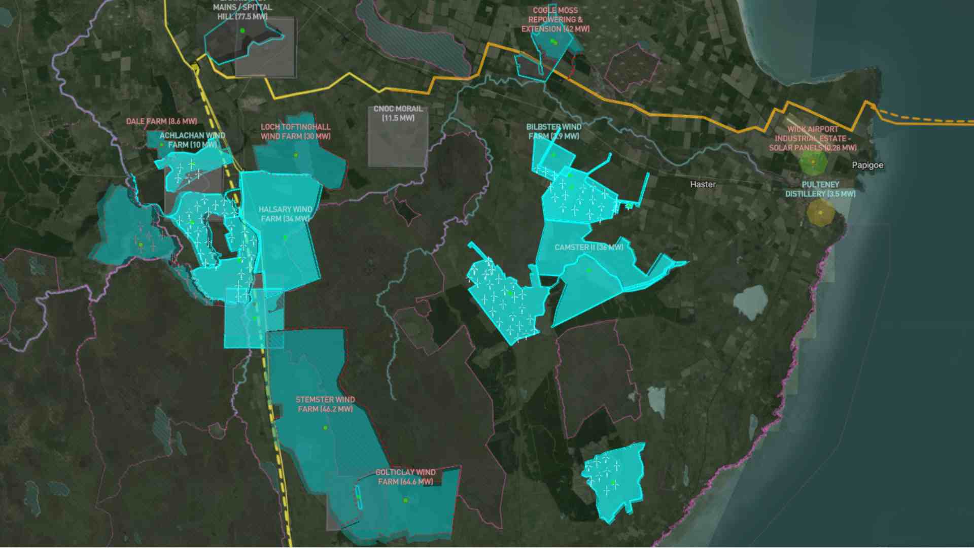 A screenshot taken from the Olsights Eye Onshore Energy Production in Northern Scotland and associated infrastructure, connections and land use