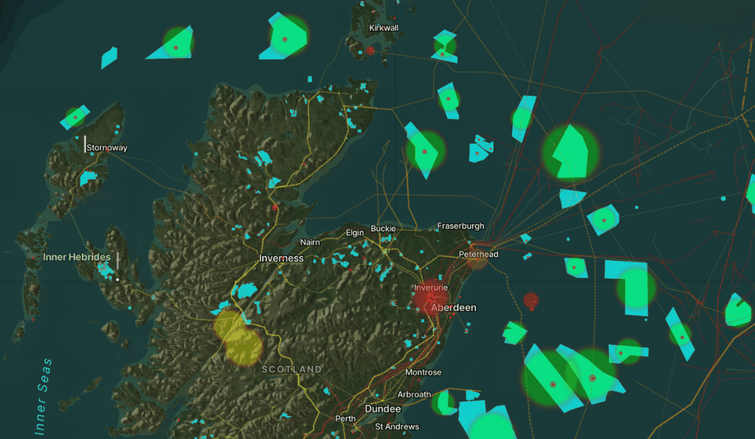 A screenshot taken from the Olsights Eye showing the green hydrogen and planned renewable energy developments in Scotland