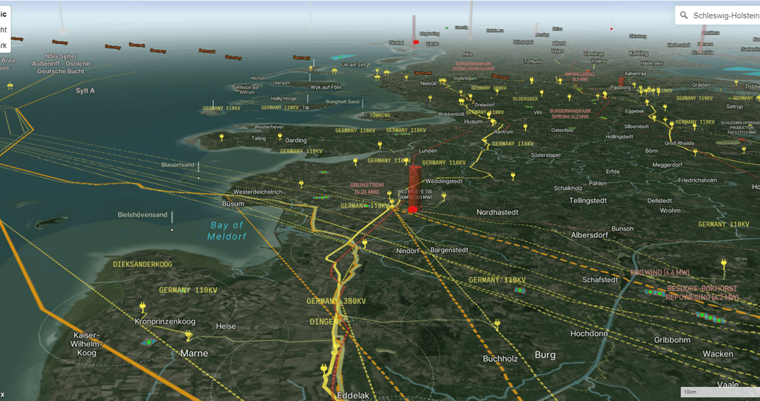 A screenshot from the Olsights Eye showing hydrogen and power connections in Northern Germany