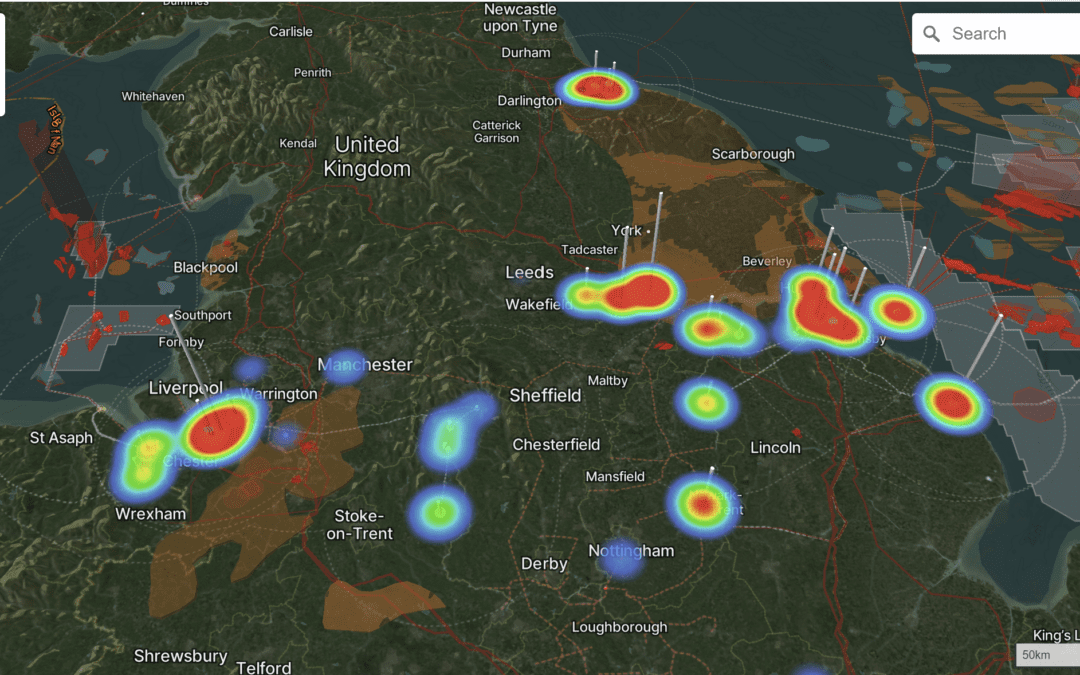 Screenshot taken from the Olsights Eye showing the HyNet &Eastern Corridor Carbon Clustors in Northern England set for major investment from the UK government for CCUS